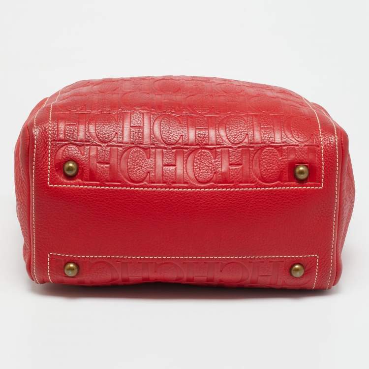 Pre Owned Carolina Herrera Red Monogram Embossed Leather Boston Tote
