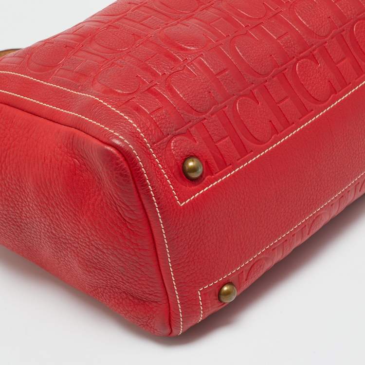 Pre Owned Carolina Herrera Red Monogram Embossed Leather Boston Tote
