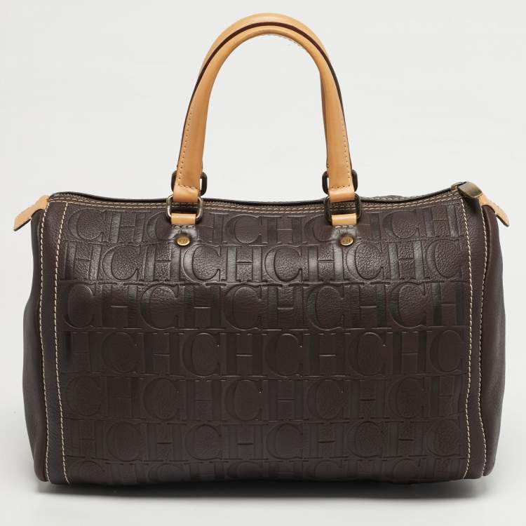 Pre Owned Carolina Herrera Dark Brown Monogram Embossed Leather Large Andy Satchel