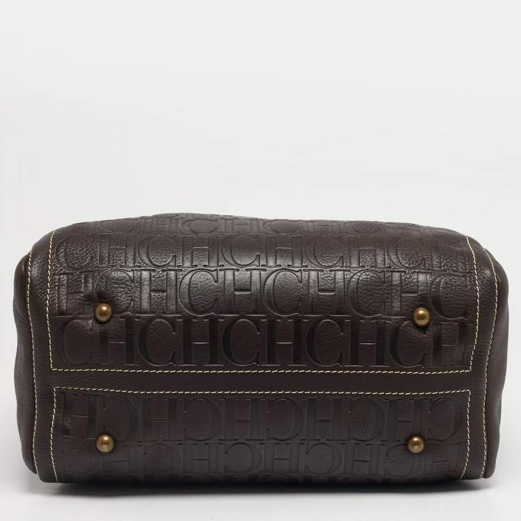 Pre Owned Carolina Herrera Dark Brown Monogram Embossed Leather Large Andy Satchel