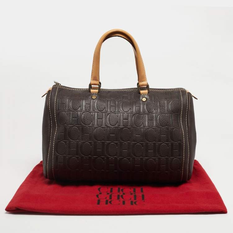 Pre Owned Carolina Herrera Dark Brown Monogram Embossed Leather Large Andy Satchel