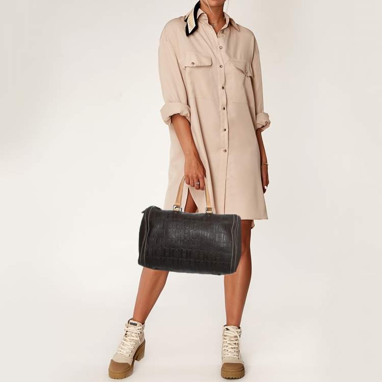 Pre Owned Carolina Herrera Dark Brown Monogram Embossed Leather Large Andy Satchel