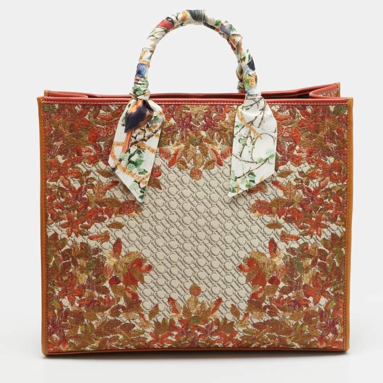 Pre Owned Carolina Herrera Brown Floral Embroidered Monogram Canvas and Leather Shopper Tote