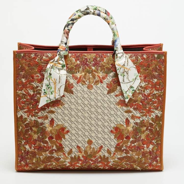 Pre Owned Carolina Herrera Brown Floral Embroidered Monogram Canvas and Leather Shopper Tote