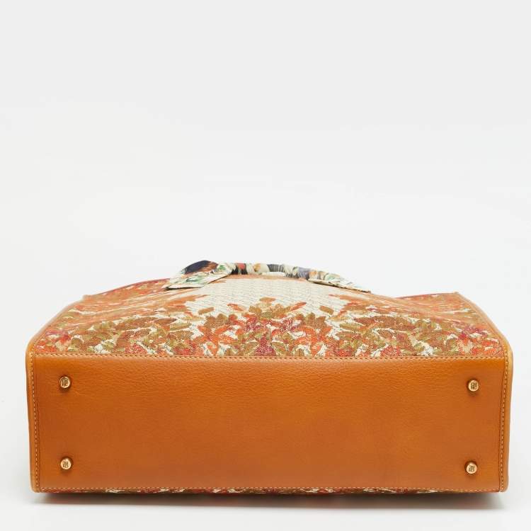 Pre Owned Carolina Herrera Brown Floral Embroidered Monogram Canvas and Leather Shopper Tote