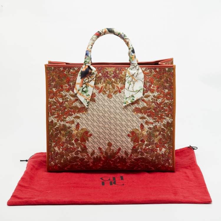 Pre Owned Carolina Herrera Brown Floral Embroidered Monogram Canvas and Leather Shopper Tote