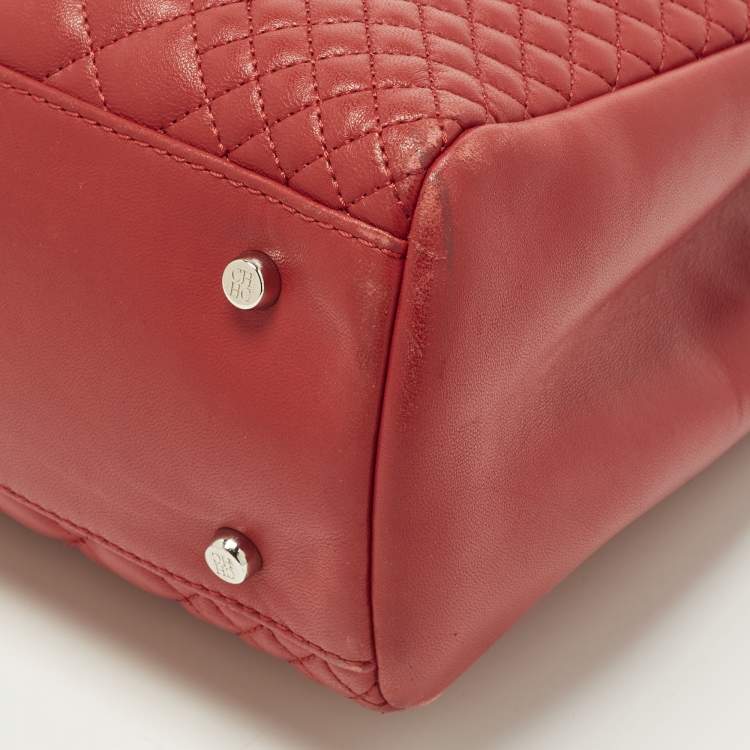 Pre Owned Carolina Herrera CHHC Logo Red Quilted Leather Chain Tote