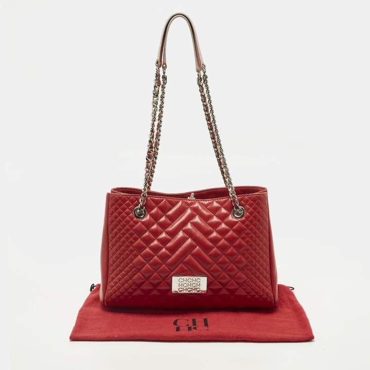 Pre Owned Carolina Herrera CHHC Logo Red Quilted Leather Chain Tote