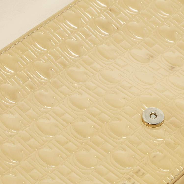 Pre Owned Carolina Herrera Bow Beige/Black Monogram Embossed Patent and Leather Shoulder Bag