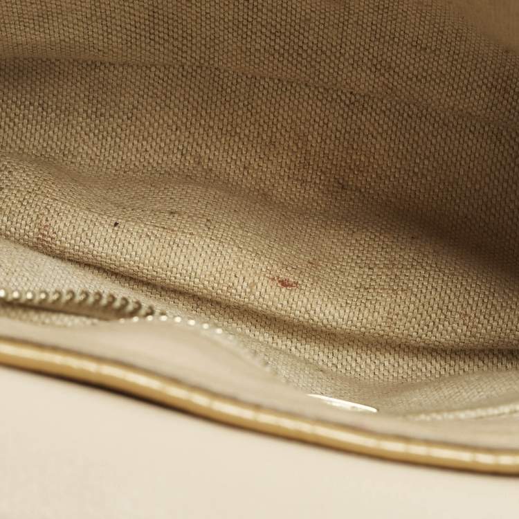 Pre Owned Carolina Herrera Bow Beige/Black Monogram Embossed Patent and Leather Shoulder Bag