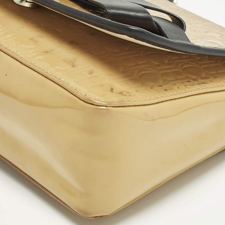 Pre Owned Carolina Herrera Bow Beige/Black Monogram Embossed Patent and Leather Shoulder Bag