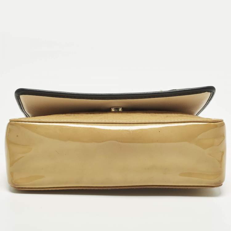 Pre Owned Carolina Herrera Bow Beige/Black Monogram Embossed Patent and Leather Shoulder Bag