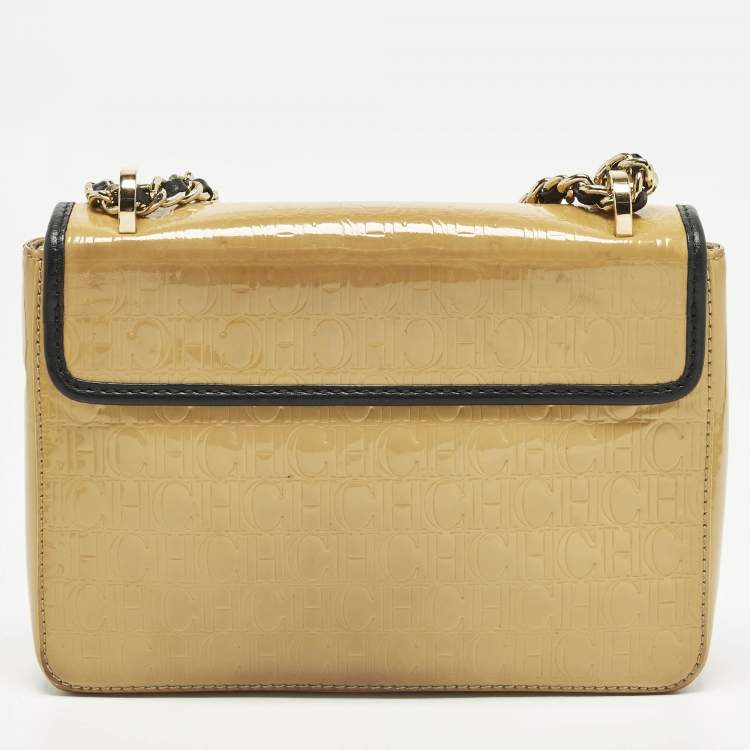 Pre Owned Carolina Herrera Bow Beige/Black Monogram Embossed Patent and Leather Shoulder Bag