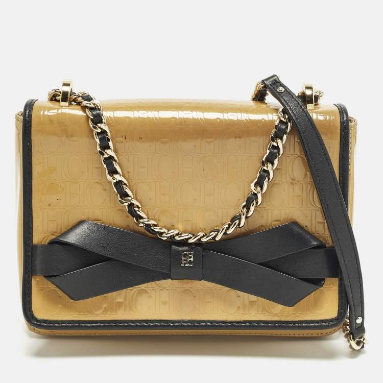 Pre Owned Carolina Herrera Bow Beige/Black Monogram Embossed Patent and Leather Shoulder Bag