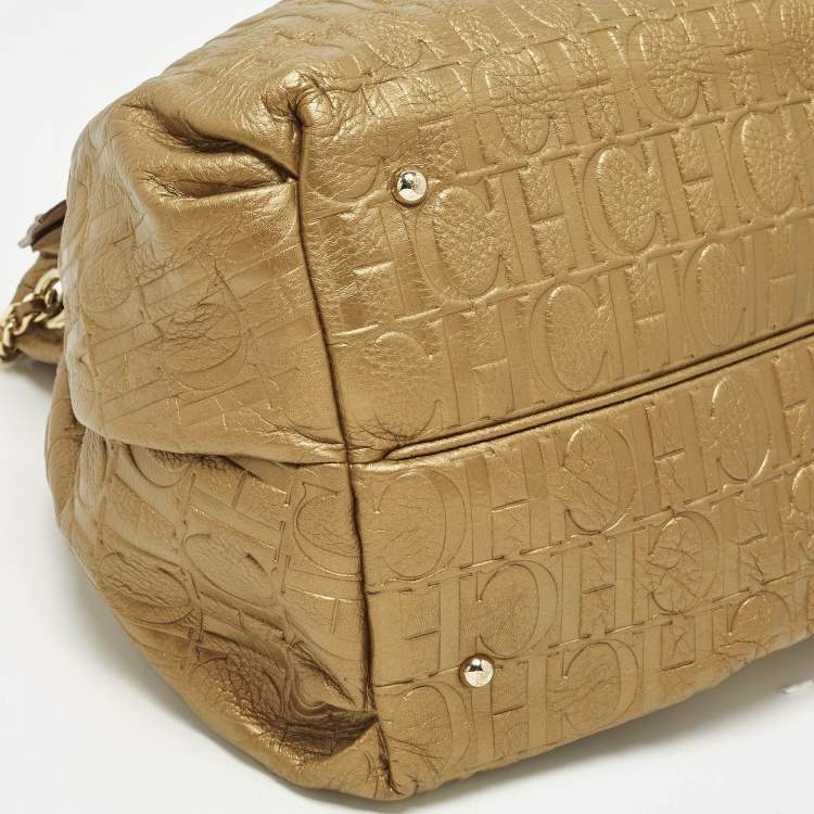 Pre Owned Carolina Herrera Bow Gold Monogram Embossed Leather Bucket Bag