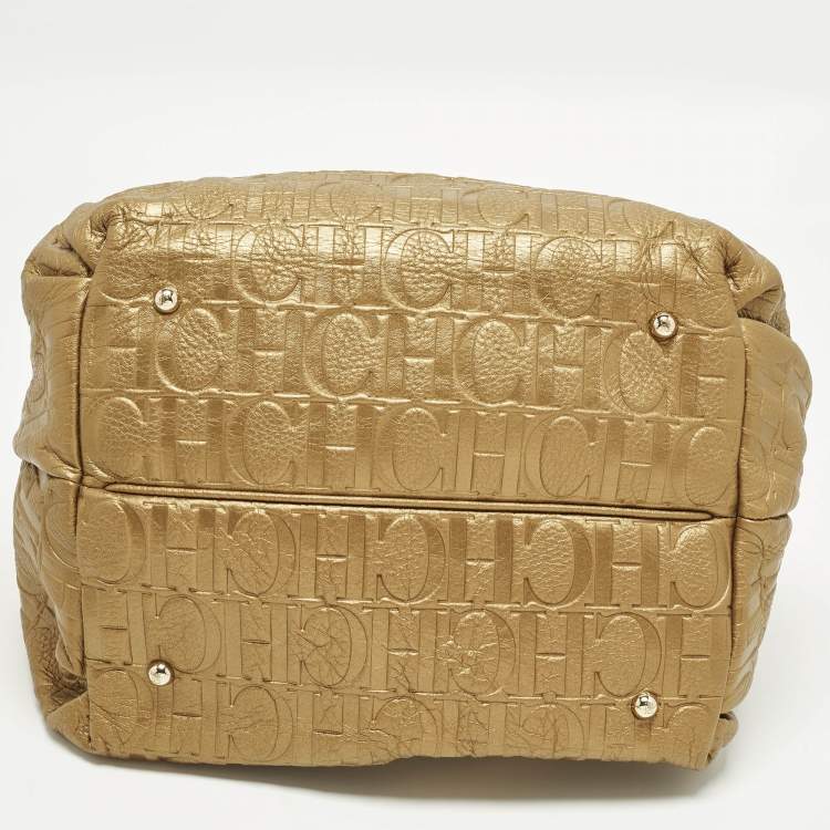 Pre Owned Carolina Herrera Bow Gold Monogram Embossed Leather Bucket Bag