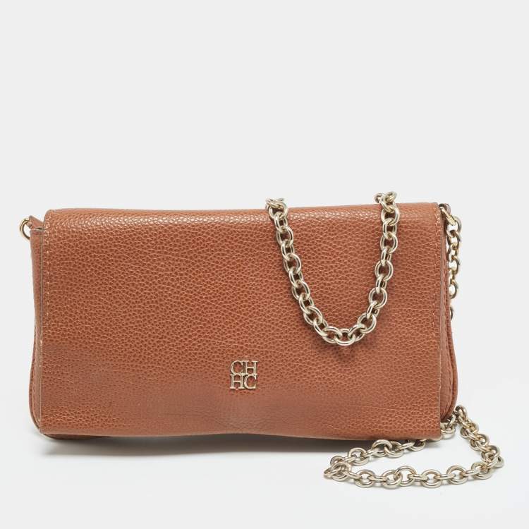 Pre Owned Carolina Herrera Brown Leather Chain Clutch