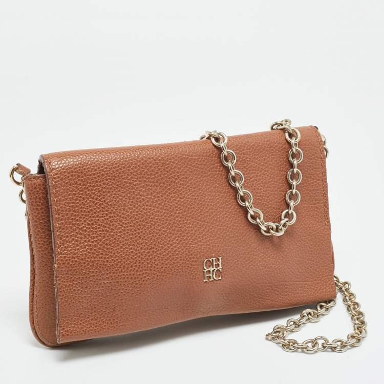 Pre Owned Carolina Herrera Brown Leather Chain Clutch