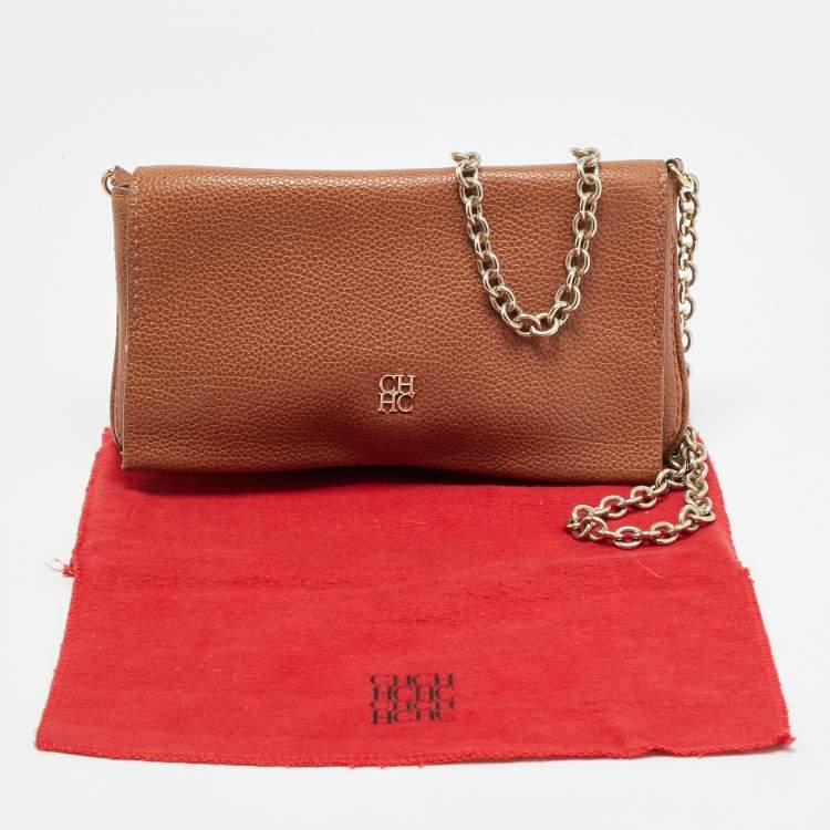 Pre Owned Carolina Herrera Brown Leather Chain Clutch