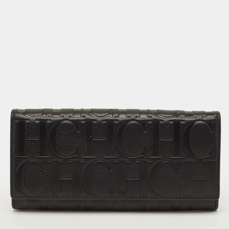 Pre Owned Carolina Herrera Flap Black Monogram Embossed Leather Continental Wallet