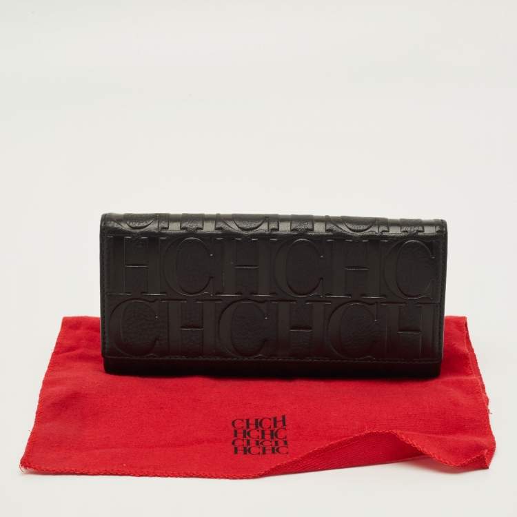Pre Owned Carolina Herrera Flap Black Monogram Embossed Leather Continental Wallet