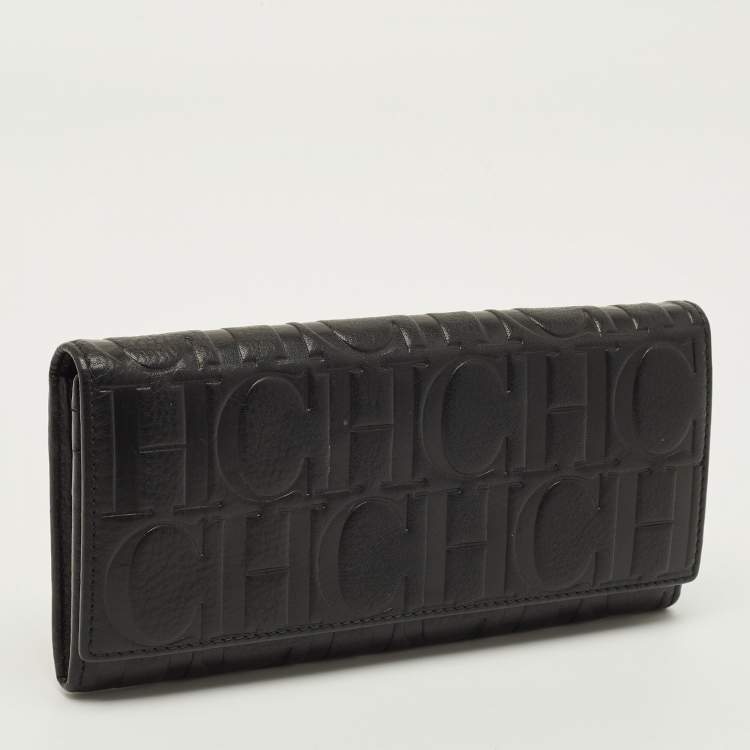 Pre Owned Carolina Herrera Flap Black Monogram Embossed Leather Continental Wallet