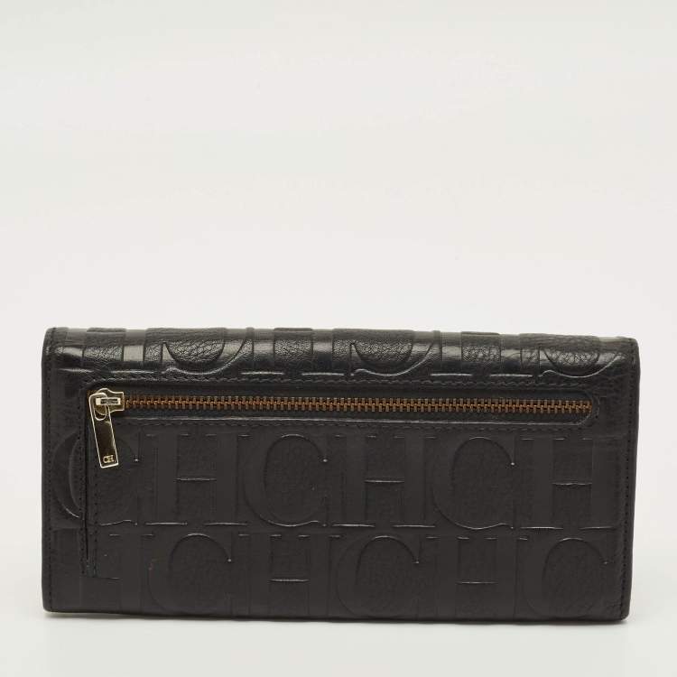 Pre Owned Carolina Herrera Flap Black Monogram Embossed Leather Continental Wallet