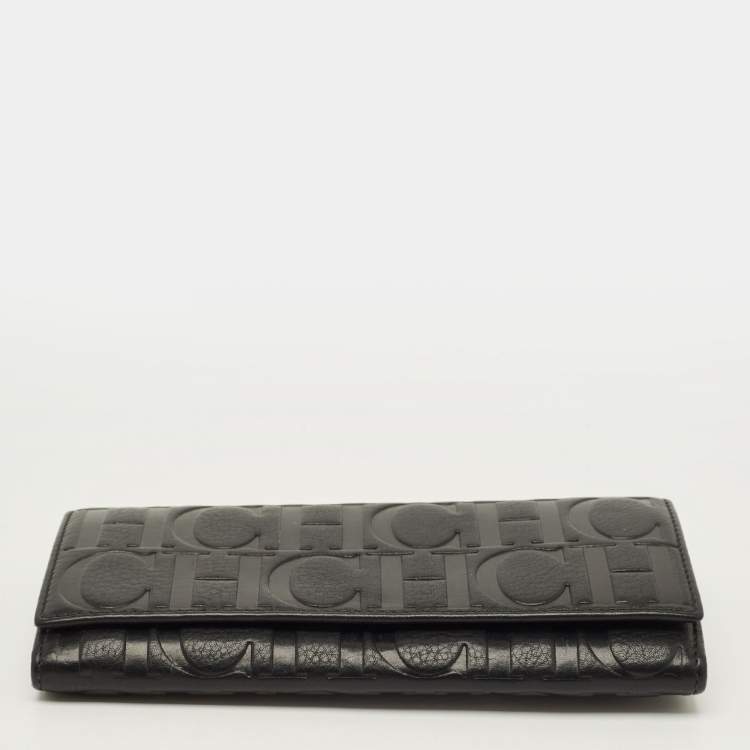 Pre Owned Carolina Herrera Flap Black Monogram Embossed Leather Continental Wallet