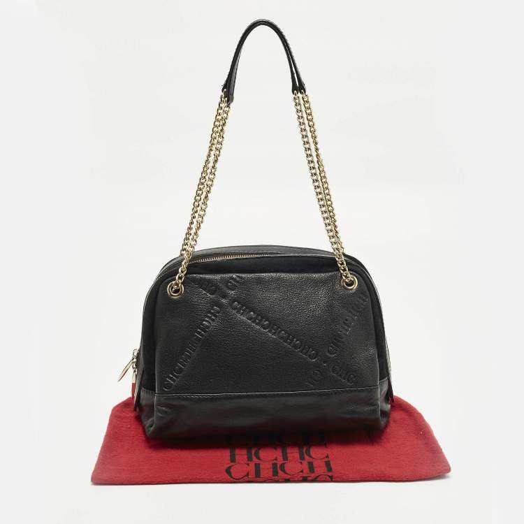 Pre Owned Carolina Herrera Chain Black Logo Embossed Leather and Suede Satchel