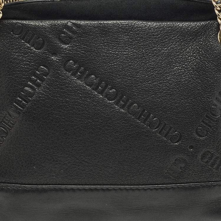 Pre Owned Carolina Herrera Chain Black Logo Embossed Leather and Suede Satchel