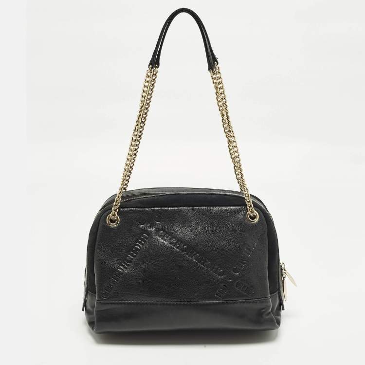 Pre Owned Carolina Herrera Chain Black Logo Embossed Leather and Suede Satchel
