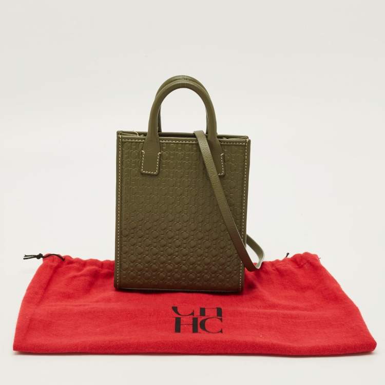 Pre Owned Carolina Herrera Mini Green Monogram Embossed Leather and Suede Tote