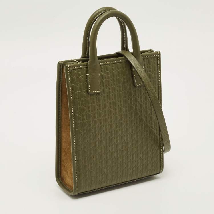 Pre Owned Carolina Herrera Mini Green Monogram Embossed Leather and Suede Tote