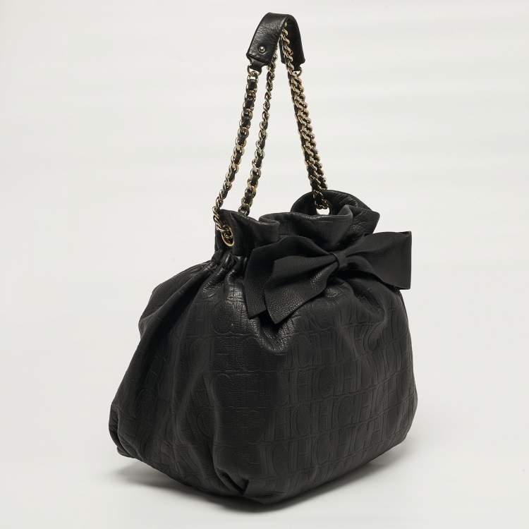 Pre Owned Carolina Herrera Bow Black Monogram Embossed Leather Bucket Bag