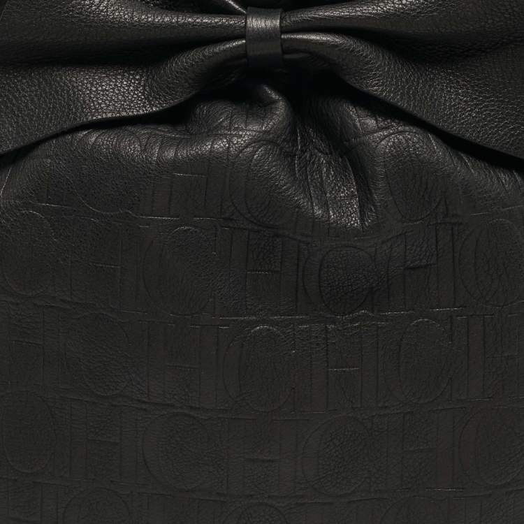 Pre Owned Carolina Herrera Bow Black Monogram Embossed Leather Bucket Bag