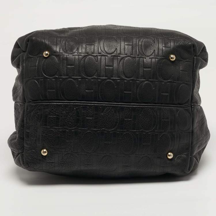 Pre Owned Carolina Herrera Bow Black Monogram Embossed Leather Bucket Bag