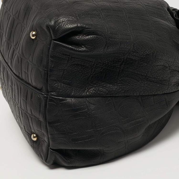 Pre Owned Carolina Herrera Bow Black Monogram Embossed Leather Bucket Bag