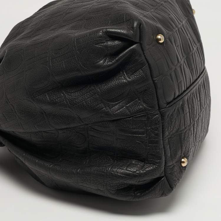 Pre Owned Carolina Herrera Bow Black Monogram Embossed Leather Bucket Bag