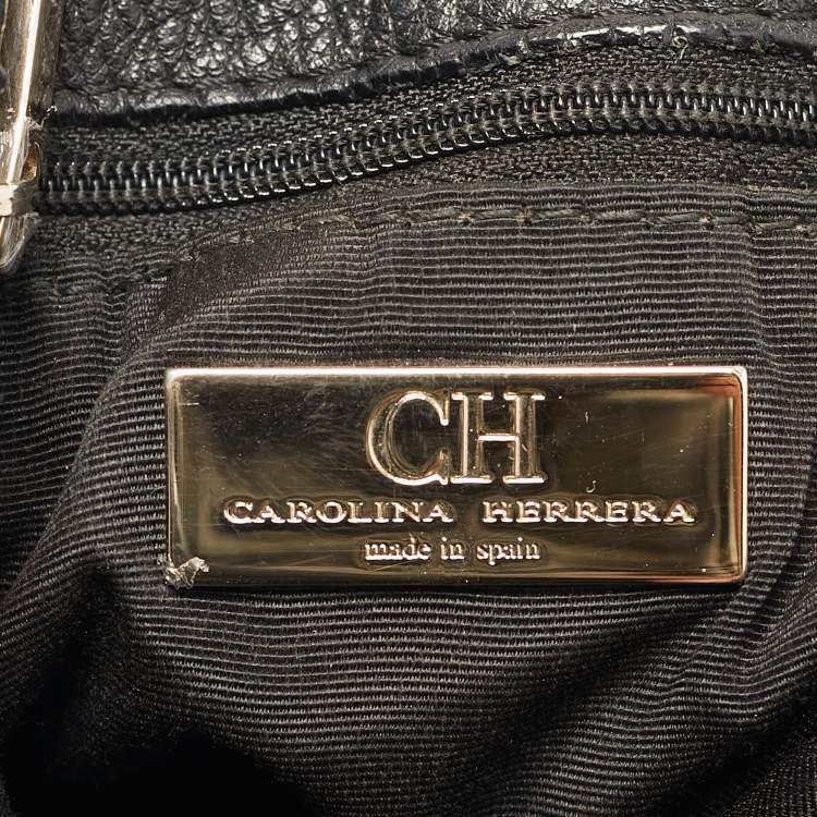 Pre Owned Carolina Herrera Bow Black Monogram Embossed Leather Bucket Bag