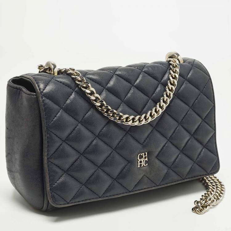 Pre Owned Carolina Herrera Logo Flap Navy Blue Quilted Leather Shoulder Bag