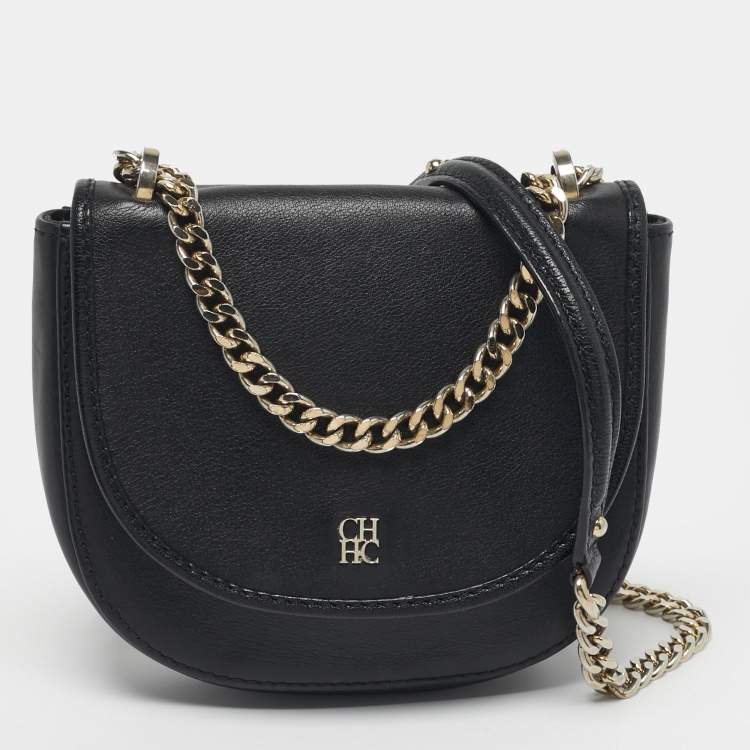 Pre Owned Carolina Herrera Flap Chain Black Leather Crossbody Bag