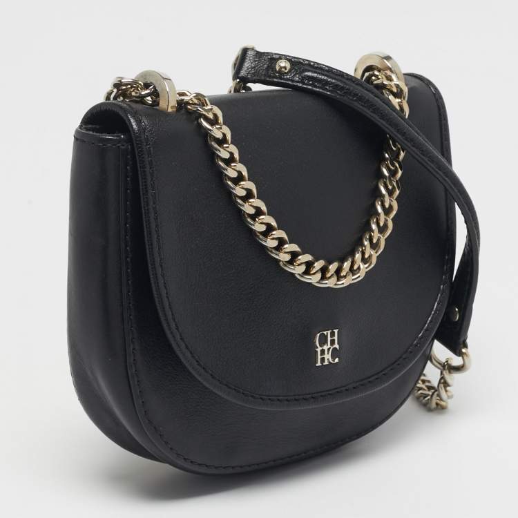 Pre Owned Carolina Herrera Flap Chain Black Leather Crossbody Bag