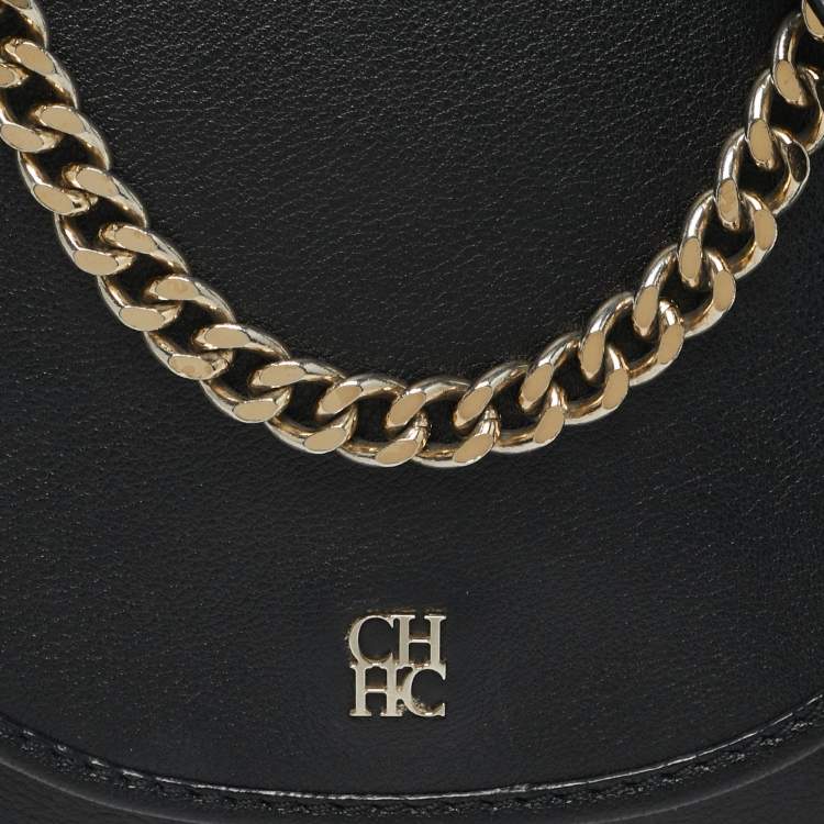 Pre Owned Carolina Herrera Flap Chain Black Leather Crossbody Bag