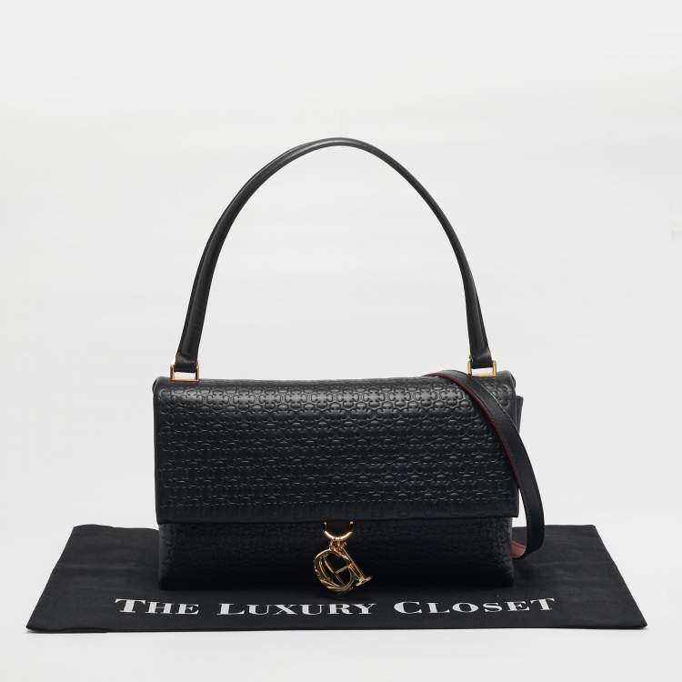 Pre Owned Carolina Herrera Camelot Black Embossed Leather Shoulder Bag