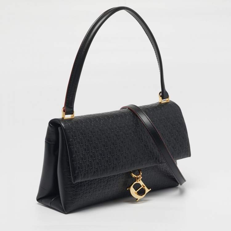 Pre Owned Carolina Herrera Camelot Black Embossed Leather Shoulder Bag