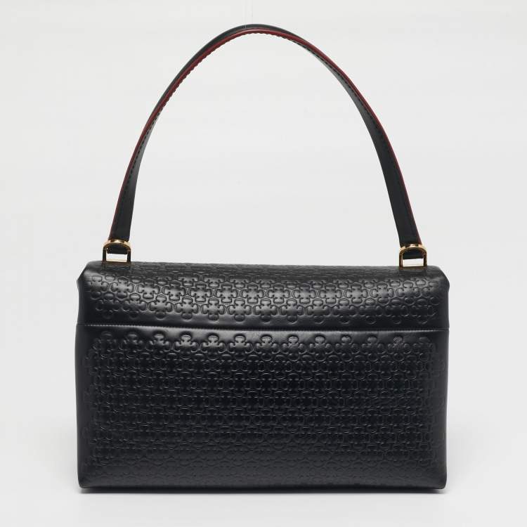 Pre Owned Carolina Herrera Camelot Black Embossed Leather Shoulder Bag