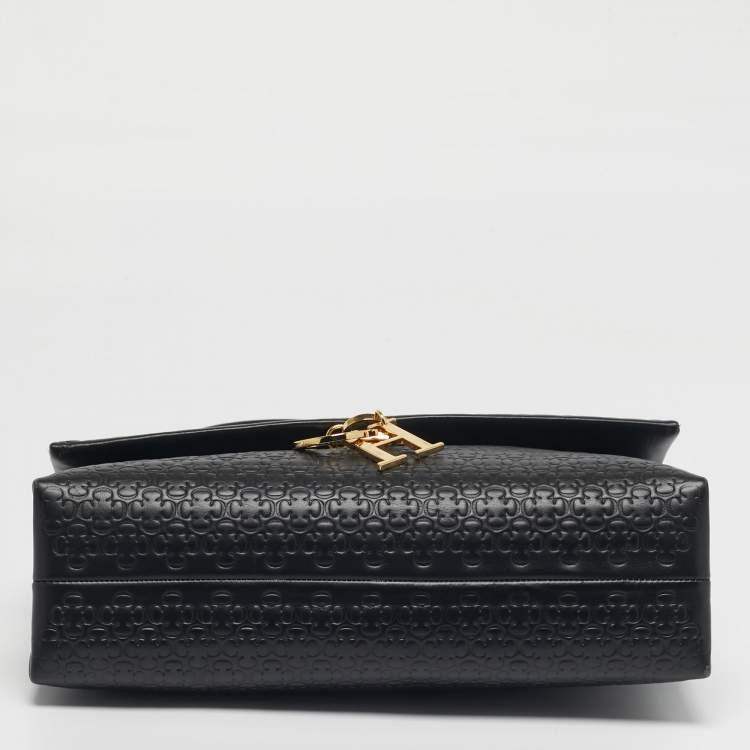 Pre Owned Carolina Herrera Camelot Black Embossed Leather Shoulder Bag