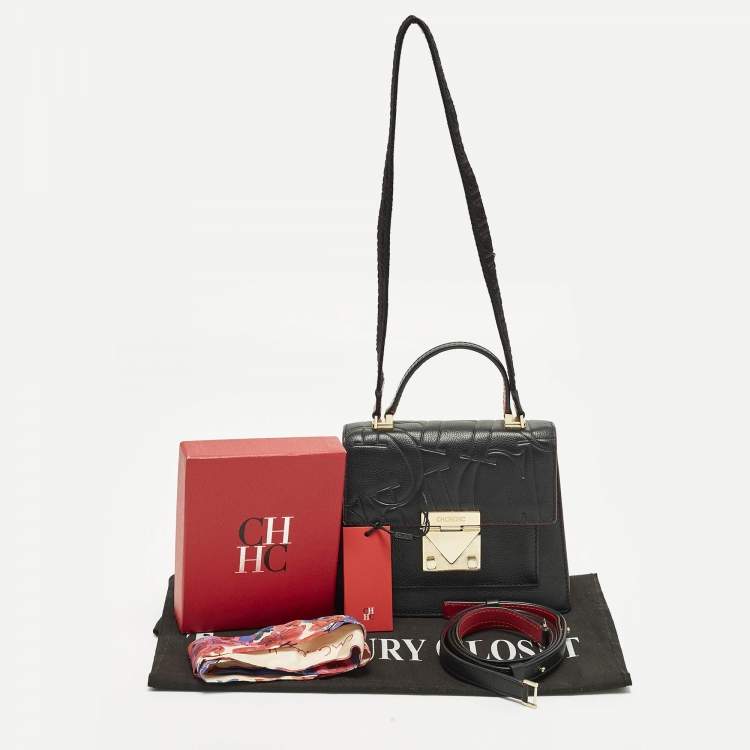 Pre Owned Carolina Herrera Pushlock Black/Red Logo Embossed Leather Top Handle Bag