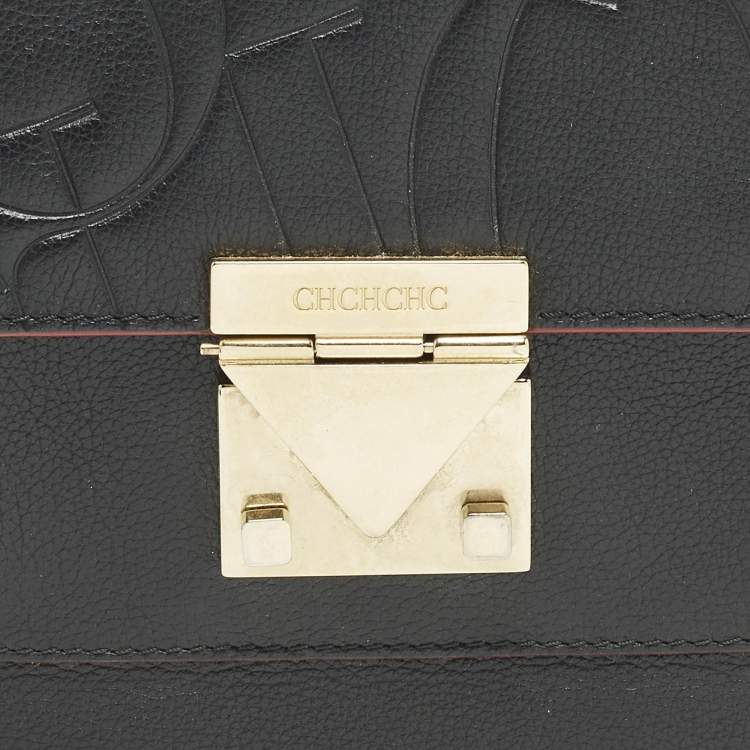 Pre Owned Carolina Herrera Pushlock Black/Red Logo Embossed Leather Top Handle Bag