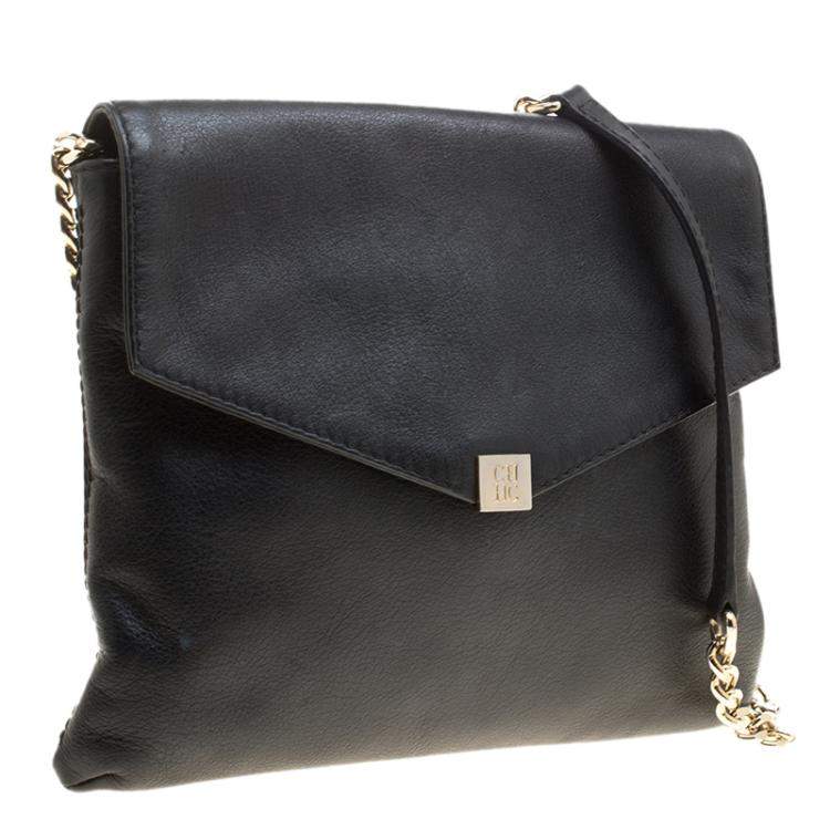 Pre Owned Carolina Herrera Black Leather Envelope Shoulder Bag